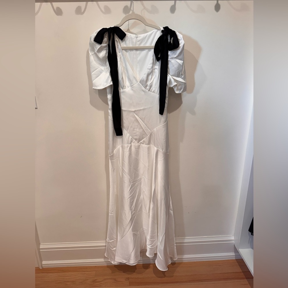 Commense Satin White Maxi Dress with Black Ties